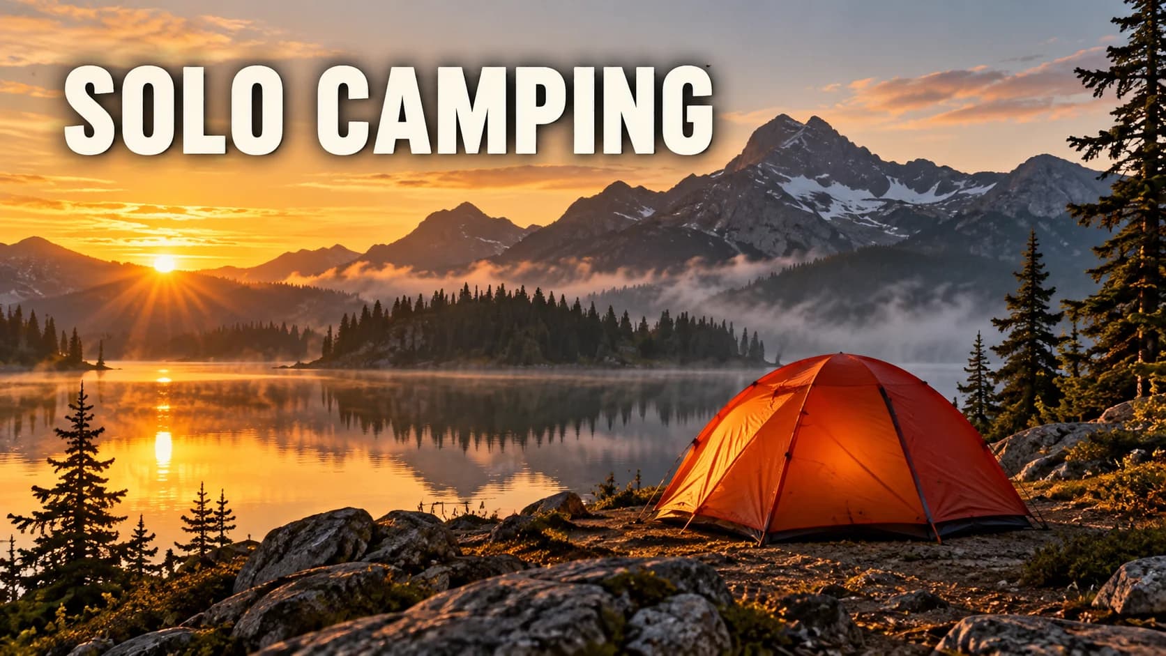 Illustrative camping thumbnail with a small tent under dawn mountains and the words SOLO CAMPING