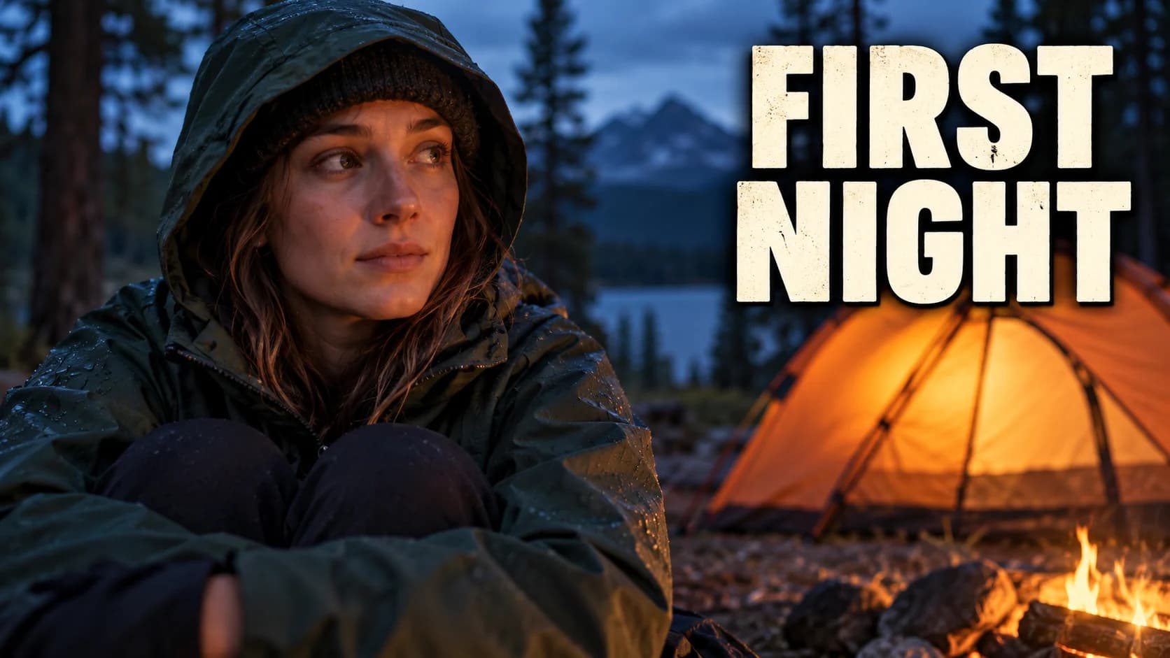 Illustrative camping thumbnail with a camper beside a headlamp-lit tent and the words FIRST NIGHT