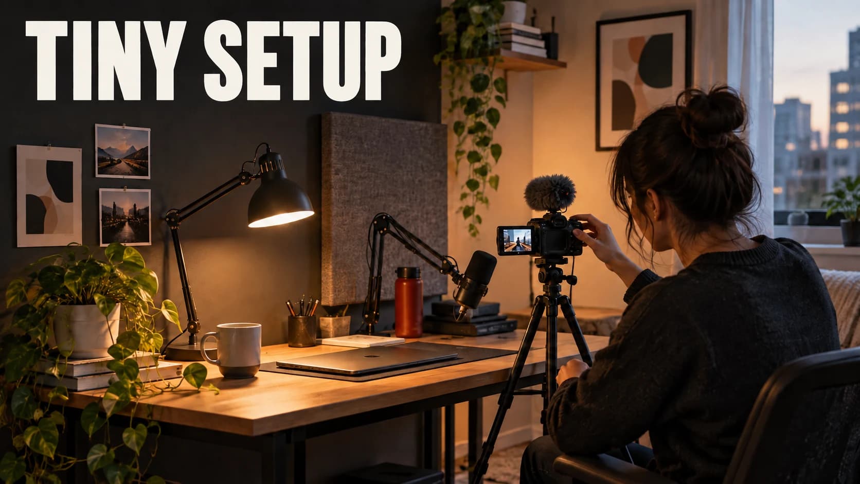 Illustrative creator thumbnail showing a compact home studio and the words TINY SETUP