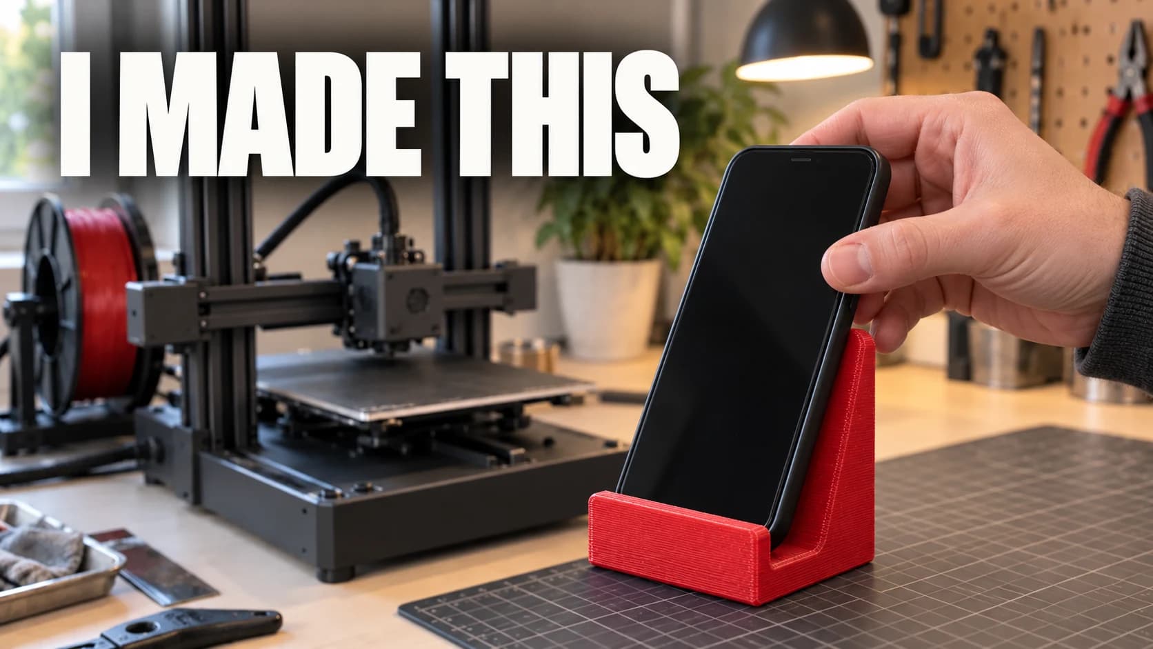 Illustrative maker thumbnail showing a person using a red 3D-printed phone stand and the words I MADE THIS